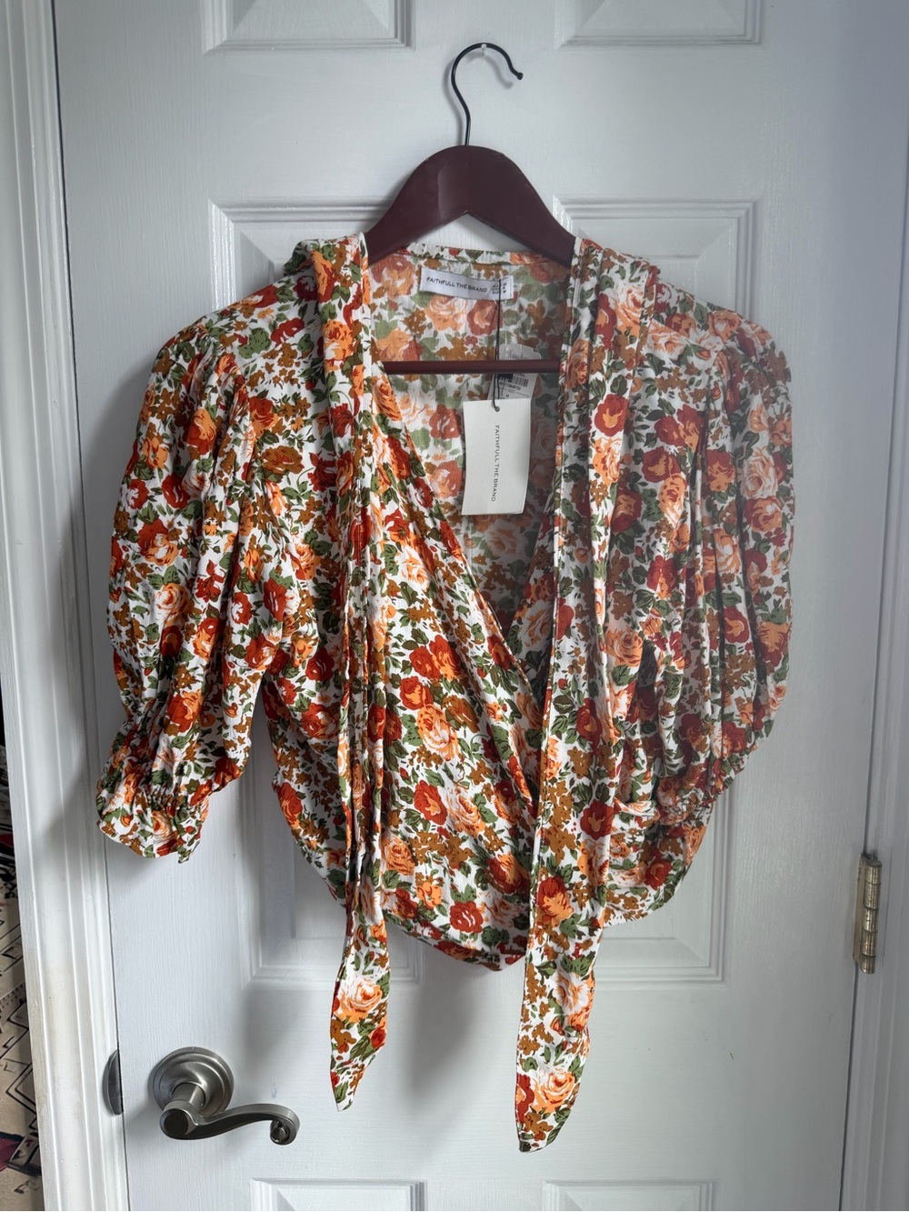 Faithfull the Brand Orange Floral Tie-Front Puff Sleeve Blouse Medium NWT